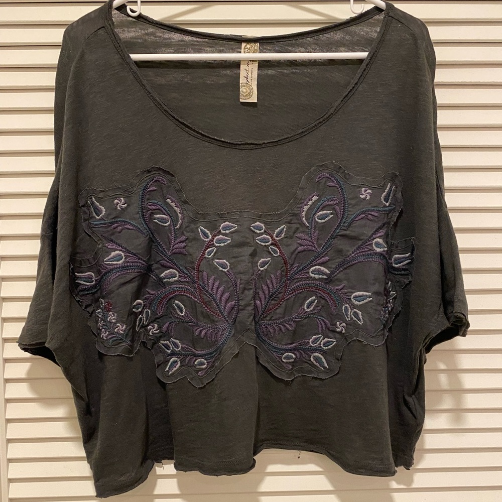 Free People Gray Embroidered Crop Top